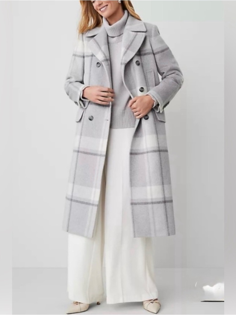Ann Taylor Gray Plaid Double-Breasted Long Coat
